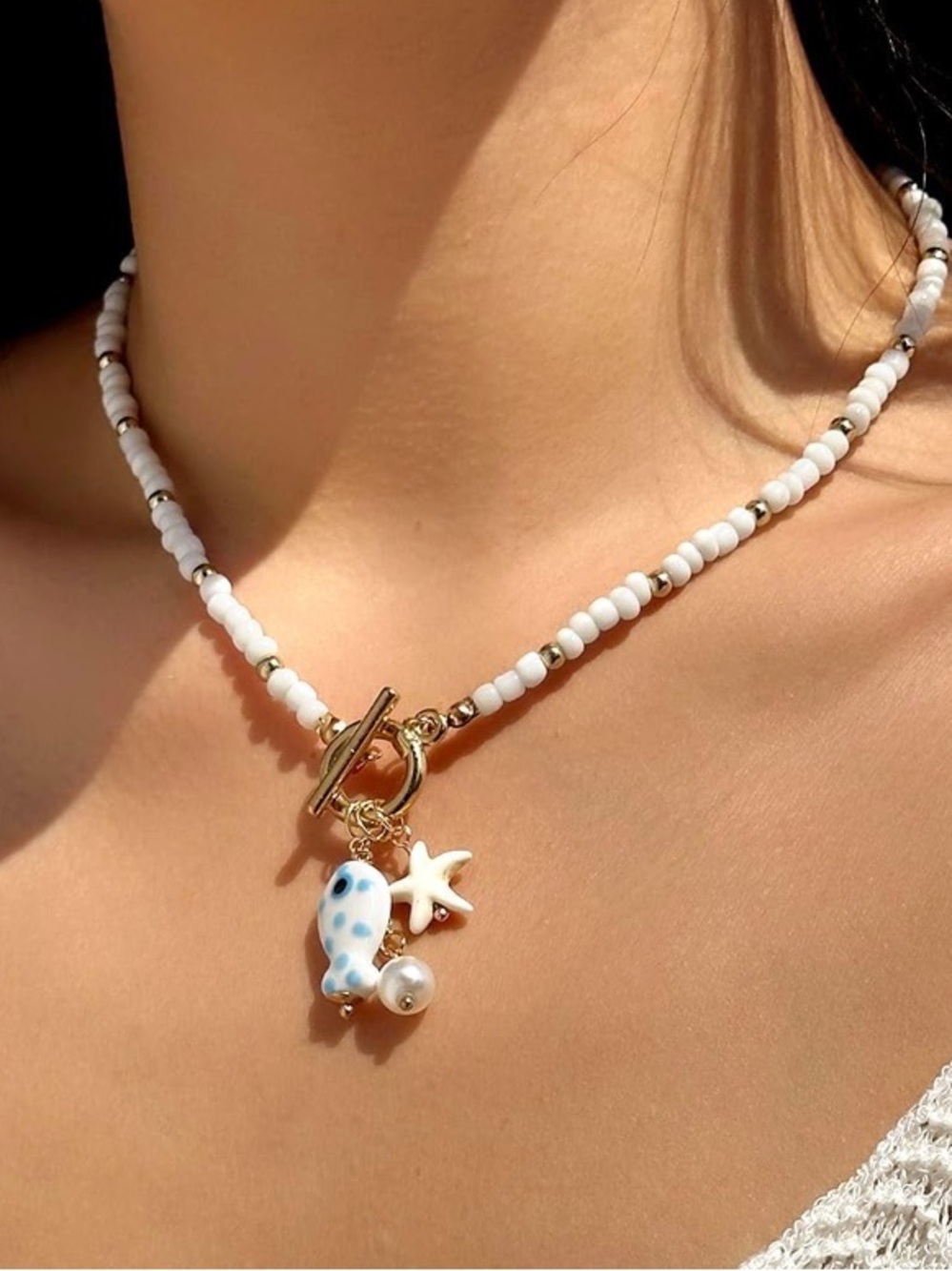 Gold and White Beaded Seashell Charm Necklace - Women Jewelry